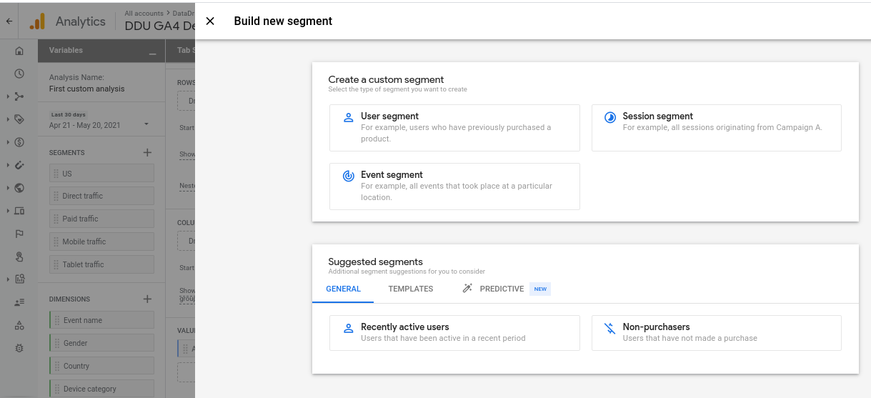 Segments panel for applying or creating exploration segments