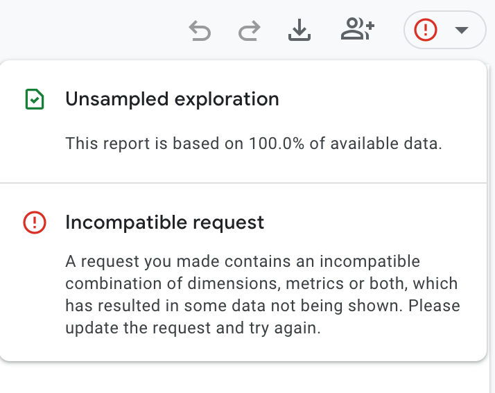 Incompatible request warning in a GA4 exploration