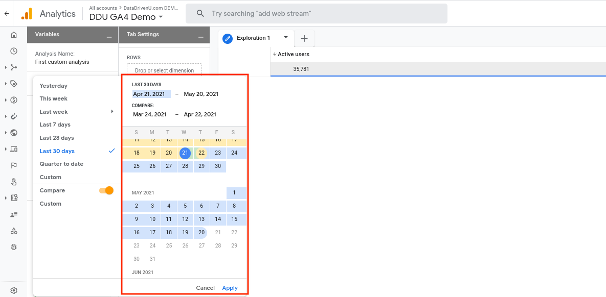 Exploration date range picker with optional date comparison