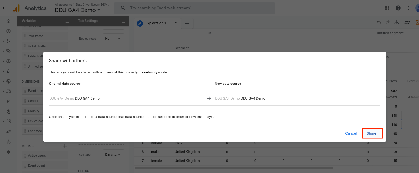 Share exploration dialog for granting viewer access