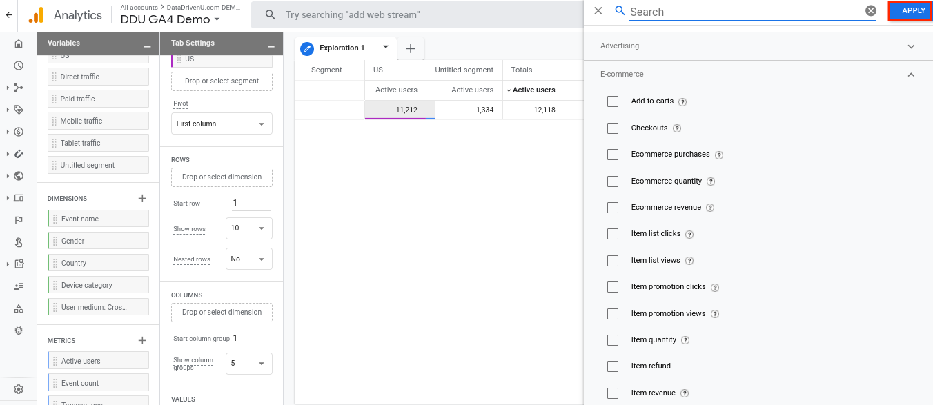 Metrics picker for selecting values in an exploration
