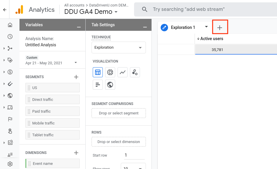 New exploration workspace with Variables and Tab settings panels