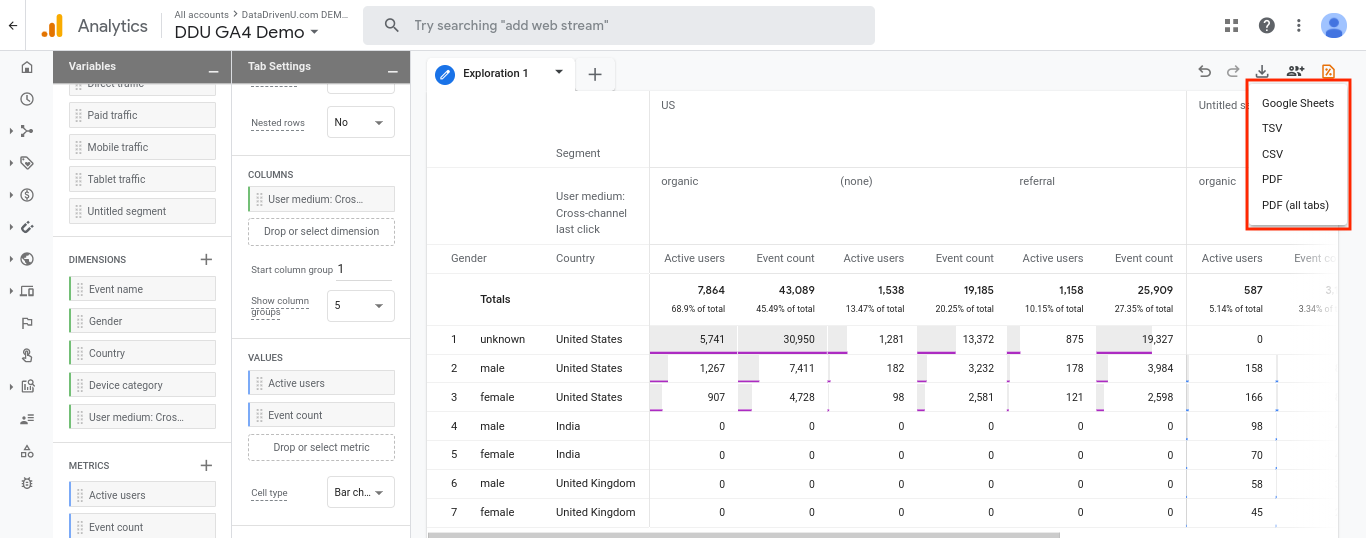 Export options for downloading an exploration report